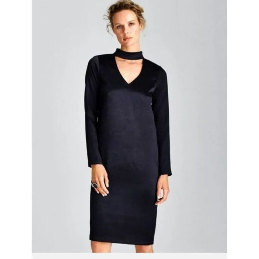 W by Worth Black Hammered Sateen Long Sleeve Dress Sz XL